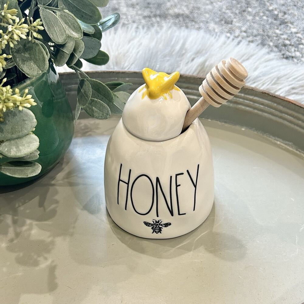 Rae Dunn HONEY Pot w Wooden Dipper Honey Jar Yellow Honey Bee Artisan Collection